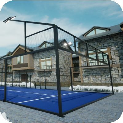 Padel Galis court with blue monofilament turf installed infront of houses in a common area