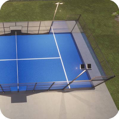 aerial shot of a Padel Galis court with blue turf with court lights on